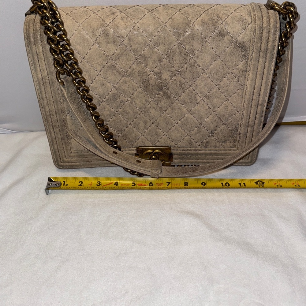 Chanel Large Boy Bag Quilted Suede Beige with Antique Gold Hardware NWOT - Picture 14 of 15